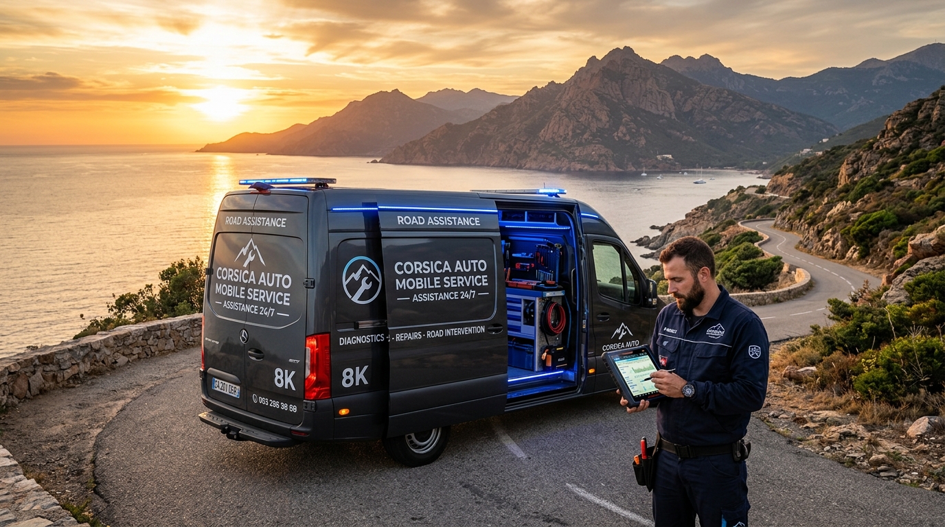 Fourgon d'intervention mobile électronique automobile en Corse au bord de mer